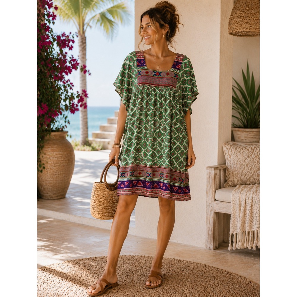 Feather & Find Boho Luxe 100% Bamboo Green‎ Geometric Print Mini Dress M Bali